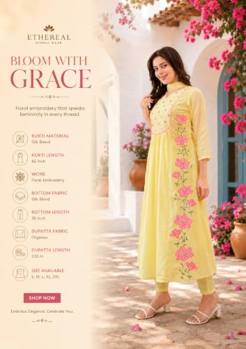 VARNI FABRICS: A lady's First Love Yellow Silk Blend Embroidered Flared Kurta Set For Women With Dupatta And Pant