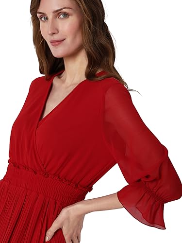 VERO MODA Women Textured Polyester Knee Length Red Fit & Flare Dress