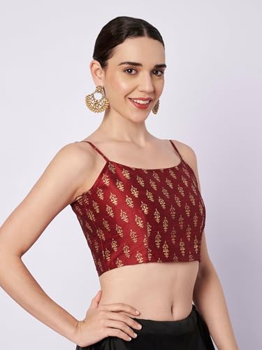 studio rasa Women's Dupion Hand Block Printed Spaghetti Readymade Crop Top for Festive Party Wedding(TPWC12609L_Maroon_Large)