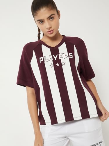 Max Women Striped Boxy Fit Buttersoft Sports T-Shirt(Purple_S)