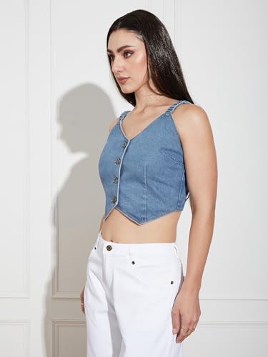 Miss Chase Womens V Neck Elasticated Straps Sleeve Waistcoat-Styled Cropped Denim Top (MCAW24DEN03-36-303-04, Mid Blue, M)