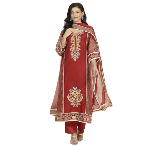 Biba Women Red Chanderi Unstitched Suit Set_Free Size