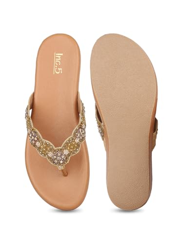 Inc.5 Womens Golden Ethnic Embellished T-Strap Slip-On Flat Sandals