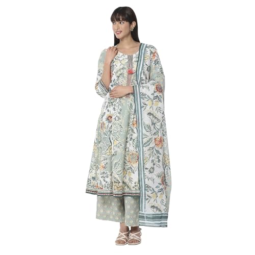 BIBA Women Sage Green Pure Cotton Floral Kalidar Suit Set_44