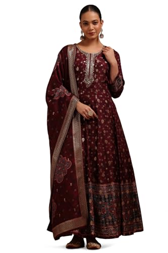 Soch Womens Wine Russian Silk Ethnic Motifs Gown with Mirror and Cutdana