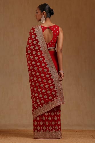Soch Womens Red Georgette Embroidered Saree With Stone Work