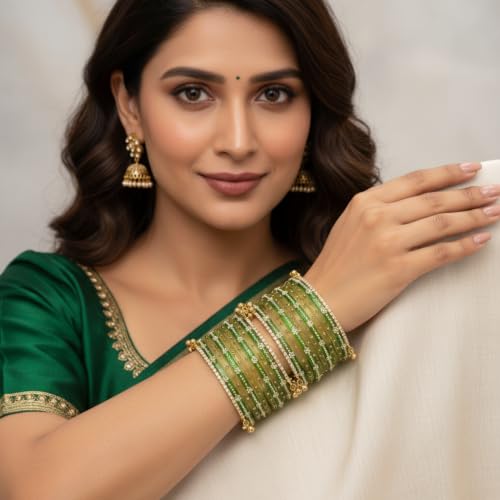 KAYASHA Kashmiri Glass Bangles Set for Women with Ghungroo Bangles | Traditional Ethni Bangles Set for Wedding, Party, Festival & Daily Use set of- 24(20 glass+4 stone ghunghroo bangles)