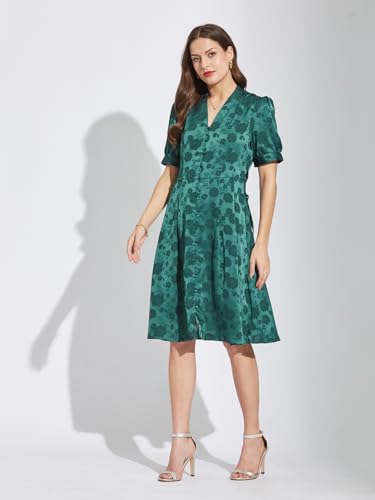 Latin Quarters Women Green V-Neck Half Sleeves Printed Knee Length A-Line Dress S