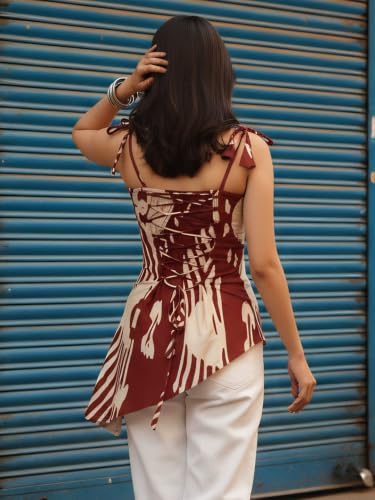 Dora Dori Women Viscose Rayon Ikkat Printed Kurti | Round Neck Sleeveless Asymmetric Hemline Corset Back Tie-Up Detailing | Maroon and Beige Short Kurti for Women | Casual, Office & Daily Ethnic Wear