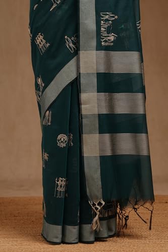 Soch Womens Teal Chanderi Warli Print Saree With Thread Work