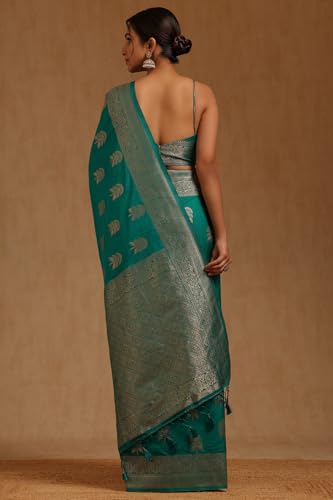 Soch Womens Teal Tussar Floral Zari Woven Saree