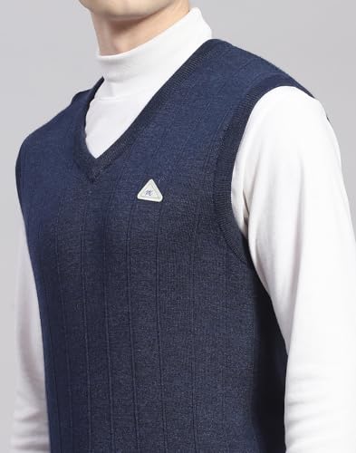Monte Carlo Mens Blue Solid V Neck Sleeveless Wool Casual Sweater | Warm Woolen Pullover for Men | Soft Comfortable Knitted Winter Wear Sweater for Men's