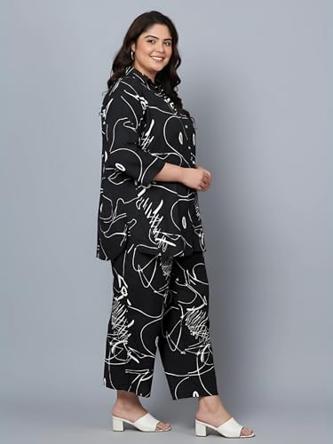 Indietoga Women Black Scribble Print Rayon Shirt and Pyjamas Nightsuit (PS50001643_Black Printed_6XL)