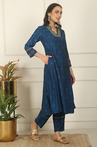 W for Woman Blue Floral Printed Embroidered Flared Kurta, Pants and Dupatta Set (Size: XL)-WS12127-124234