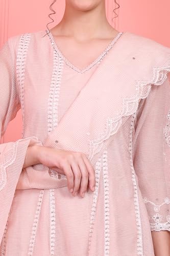 Wishful Women's Pastel Pink Embroidered Festive Anarkali Kurta, Pants and Dupatta Set (Size: XL)-SP12463-221478