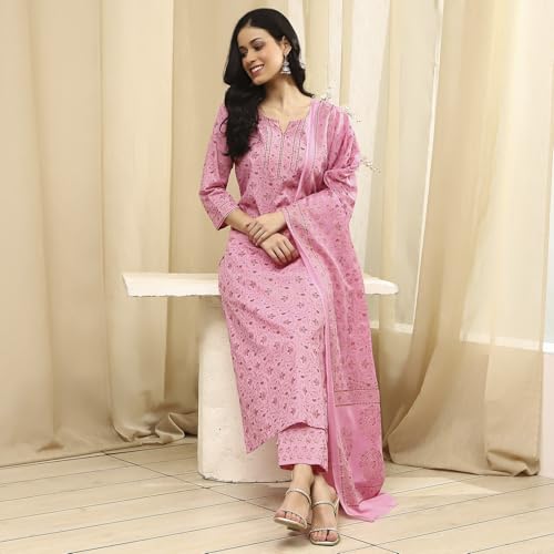 BIBA Women Pink Cotton Screen Print Unstitched Suit Set_FREE SIZE