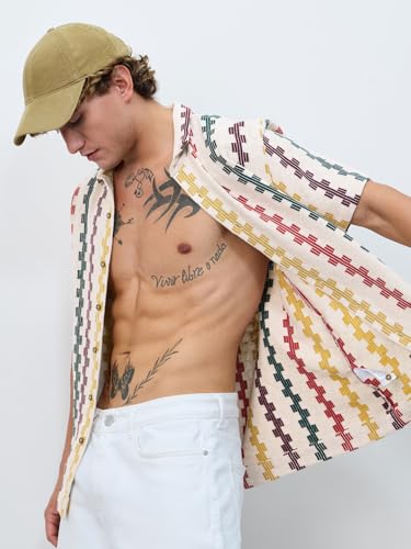 The Souled Store Open Knit: Tropical Stripes Men and Boys Short Sleeves Collared Neck Button Front Orange Striped Polyester Blend Regular Fit Casual Textured Shirts