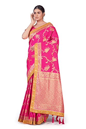 Monjolika Fashion Women's Elegant Banarasi Tissue Silk Saree with Rich Zari Border With Unstitched Blouse Piece (Rani Pink)
