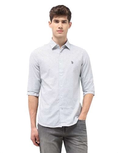U.S.Polo Association Men's Tailored Fit Geometric Printed Shirt (USSHT3430_Light Grey_40)