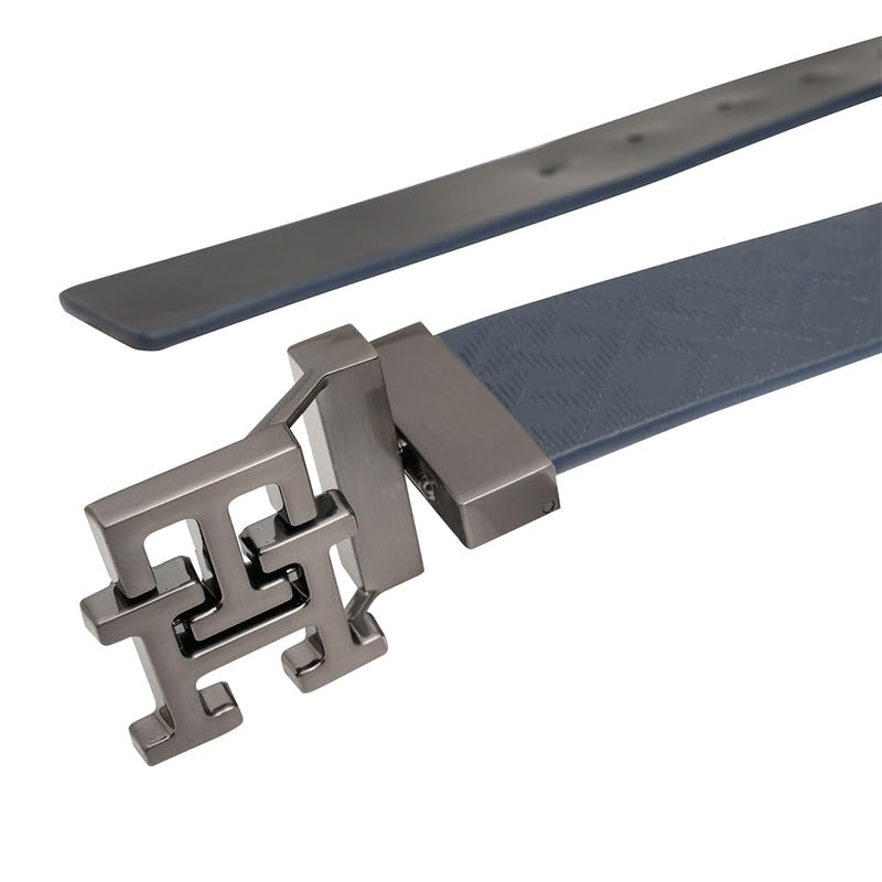 Tommy Hilfiger Men's Farley Reversible Leather Belt - Navy + Black - Brushed Gunmetal Monogram Buckle | S 80cm | Ideal for Gifting