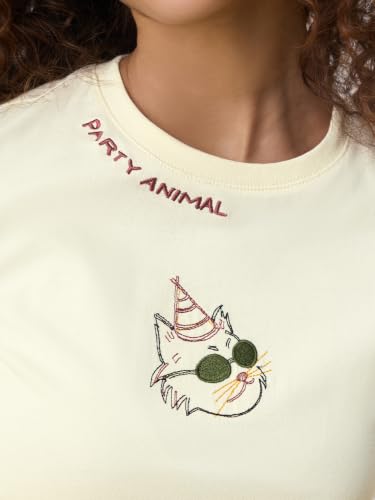 The Souled Store Party Animal Women and Girls Short Sleeves Round Neck Off White Embroidered Cotton Relaxed Fit Lightweight Everyday Casual T-Shirts