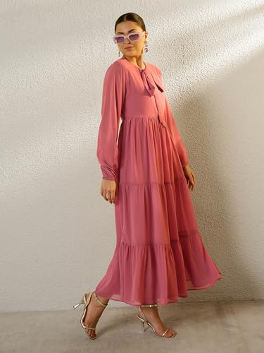 Sassafras Women Pink Round Neck Full Sleeve Maxi Dress-S