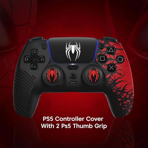 Sounce Anti-Slip Silicone PS5 Controller Skin Cover – Non-Slip Protective Grip Sleeve with Thumb Grip Caps, Touch Pad Sticker & Wrap Cover Stickers for PlayStation 5 (Pack of 1, Red Skin Cover)