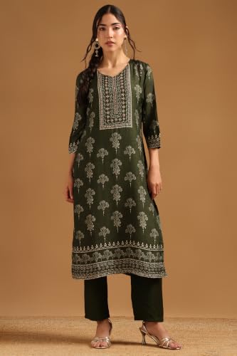 Soch Womens Green Dola Silk Botanical Printed Salwar Suit With Beads And Stones