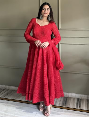 Leeli Peeri Designer Georgette Lucknowi Sequence Work Anarkali Kurta Set With Dupatta..