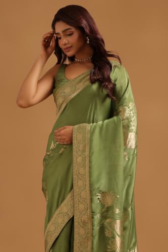 Soch Womens Olive Silk Blend Botanical Zari Woven Saree