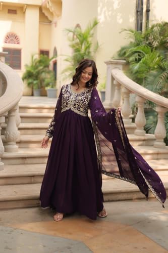 Mehervaa by vinni Women's Purple Embroidered Anarkali Suit Set with Dupatta, Gold Zari Work, Long Sleeve Ethnic Gown (in, Alpha, L, Regular)