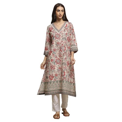 Biba Women Off White Cotton Straight Printed Kurta_42
