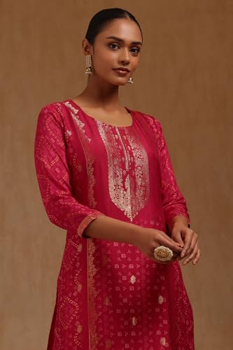 Soch Womens Fuchsia Dola Silk Bandhani Print Kurta Set With Zari Woven