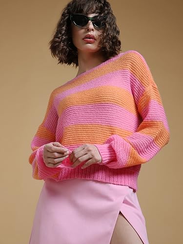 VERO MODA Women Colourblock Polyester Blend Regular Fit Pink Sweater