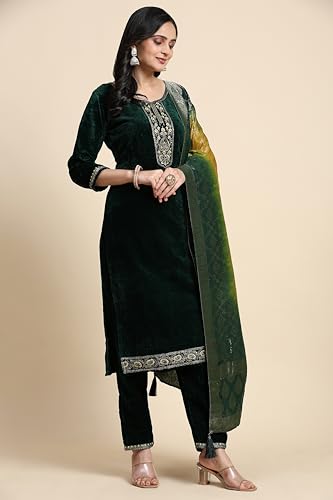 TRENDMALLS Women's Velvet Embroidery Salwar Suit Set Kurta Pant with Dupatta (G234-Green-XXL)