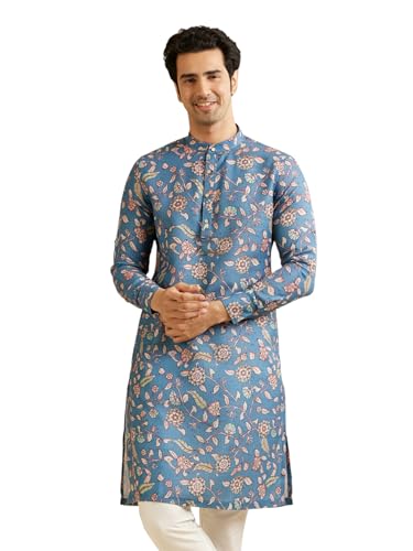 Manyavar Men's Viscose Blend Floral Print Kurta (Mid Blue,M)