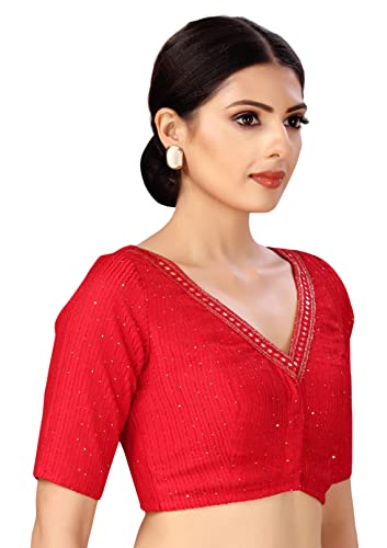 Studio Shringaar Women's Readymade Polyester Elbow Length Sleeves Saree Blouse with Mirror Work (Red, 46)