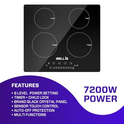 IBELL IBL EMINENCE04 Induction Hob, High Power, 7200W, Spacious cooktop with 2 year warranty, 9 Power Levels, Touch panel and Toughend Glass Top, (Black)