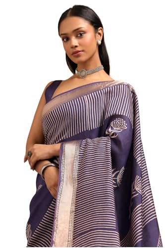 Soch Womens Purple Viscose Block Print Saree