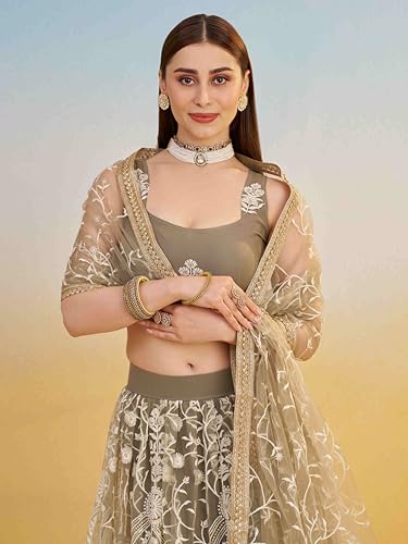 Zeel Clothing Women's Cotton Thread Sequins Work Embroidery Soft Net Lehenga Choli With Dupatta (NFH-2144-Ivory-Women-Lehenga-Choli-New; Free size) (Ivory)