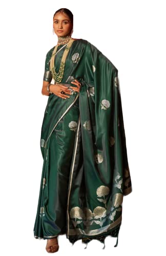 SGF11 Women's Kanjivaram Satin Zari Woven Soft Silk Saree With Blouse Piece (Dark Green)