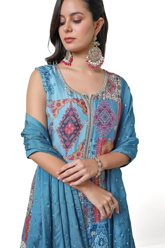 Soch Womens Powder Blue Ethnic Motifs Print Chinon Suit Set