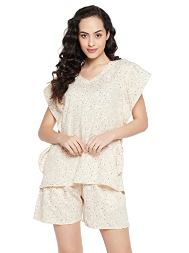 Clovia Women's Cotton Pretty Florals Kaftan Top & Short Set(LS0607P24_Beige_L)