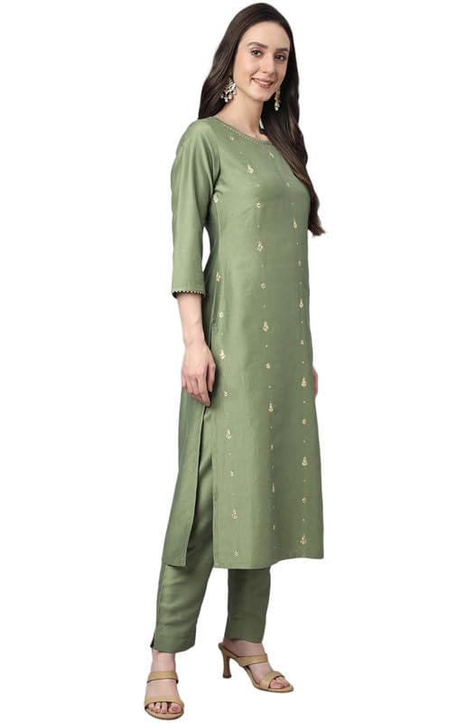 Janasya Women's Green Chinon Solid Kurta with Pant and Dupatta (SET567-KR-NP-J-S)