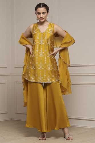 Biba Women Yellow Viscose Blend A-Line Printed Garara Suit Set_30