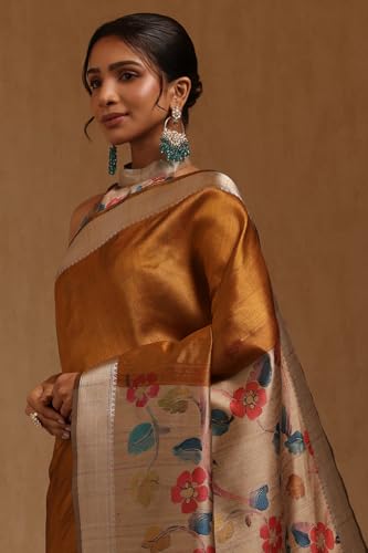 Soch Womens Mustard Tussar Floral Printed Saree