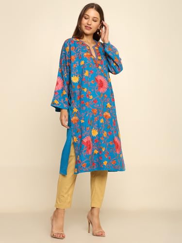 CRAFTBAZAR Women Kashmiri Full Regular Embroidered Woolen Relaxed Fit Kurti (FEROZI)