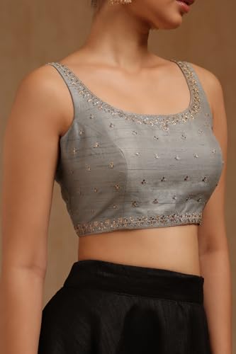 Soch Womens Grey Tussar Embroidered Padded Blouse with Zari