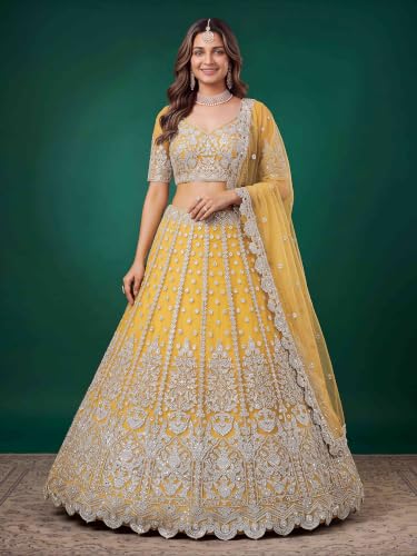 Zeel Clothing Women's Zari Sequins Embroidered Work Soft Net Lehenga Choli With Dupatta (6013-Yellow-Womens-Lehenga-Choli-New; Free size)