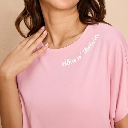 NYKD (NYS940 Soft Modal Cotton Coords Night Suit for Women | Relaxed Fit Round Neck T-Shirt with Extended Shoulder Sleeves & Shorts | Perfect for Sleep, Lounge & Everyday Wear - Pink